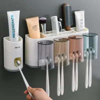歯ブラシホルダー｜クリエイティブ壁掛け収納　自動歯磨き粉ディスペンサー　逆さのカップ蓋は、ほこりや排水をすばやく防ぐように設計され