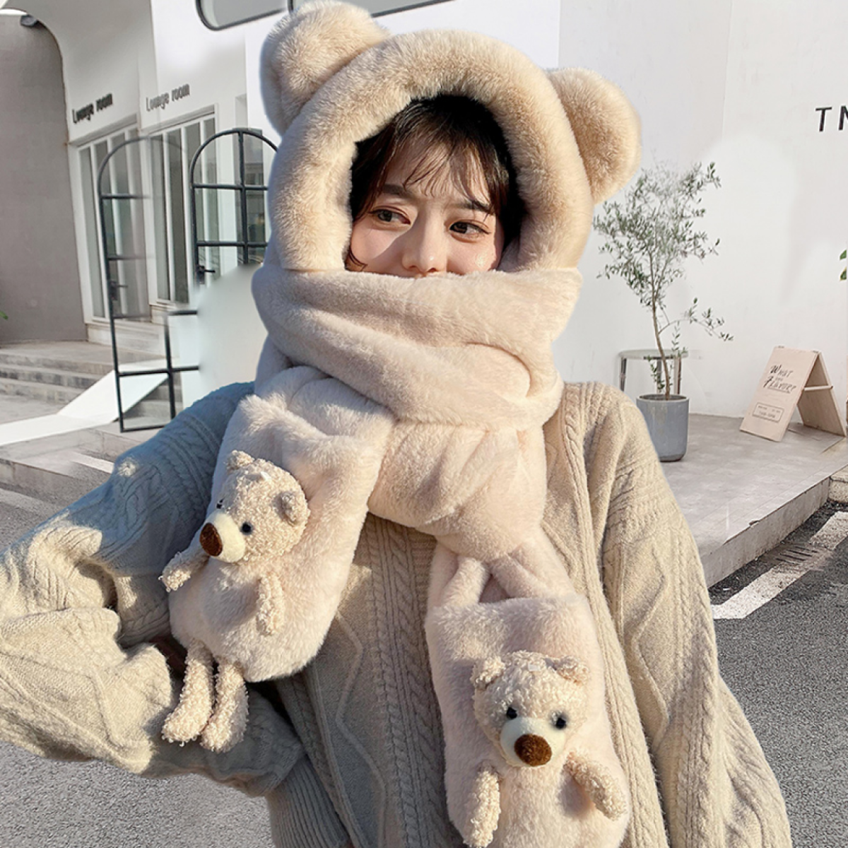 【冬季防寒対策オススメ！】可愛いクマちゃん 帽子と手袋付きマフラー｜防寒の同時に、可愛さも欲しい！|undefined